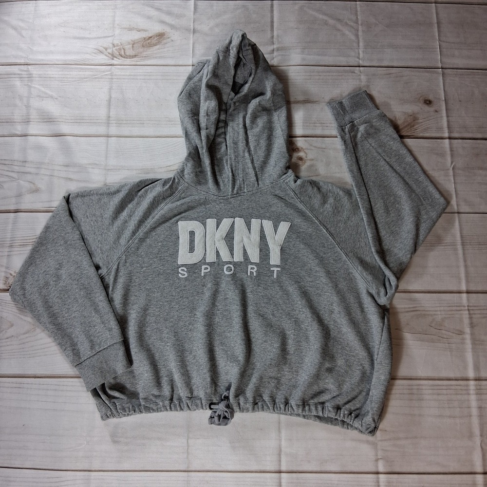 DKNY Sport Women's Cropped Hoodie Large Gray Marled Embroidered Logo Drawstring